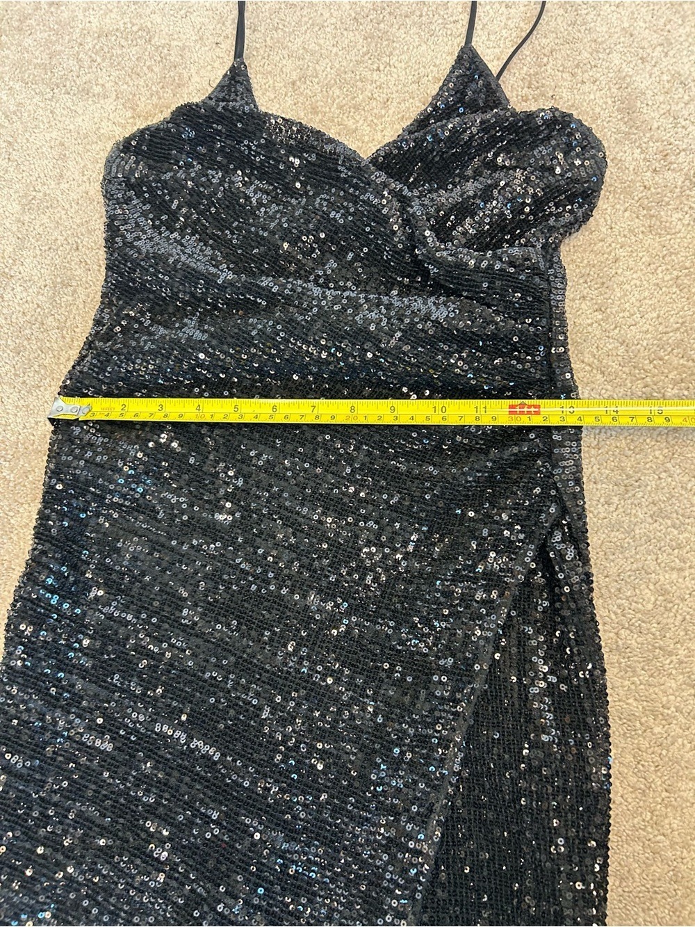 Black Sequin embellished Spaghetti Strap V-neck Formal Evening Gown high slit 8 - Picture 10 of 15
